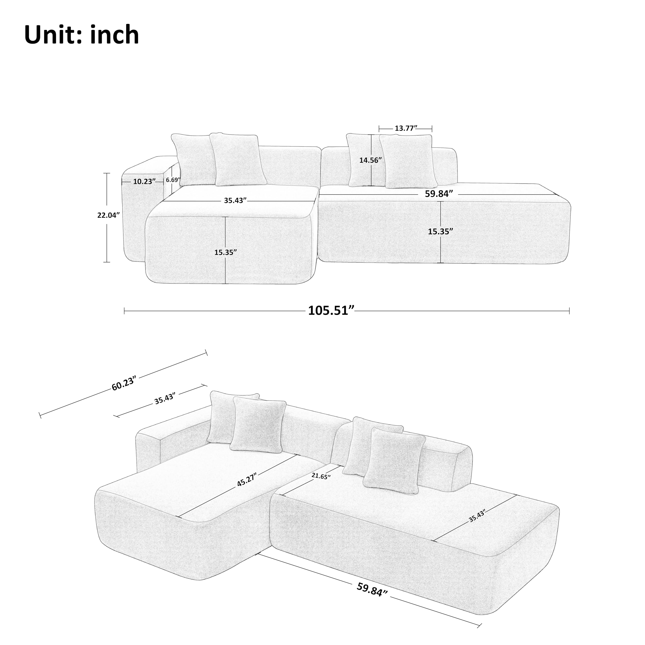 JUSTONE 105.5" Sponge Sectional Sofa Couch for Living Room, Lambswool Fabric Modern L-Shape Sectional Sofa with Chaise Lounge,Cloud Couch, Beige