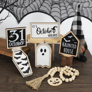 DAZONGE Halloween Decorations | 6PCS Halloween Tiered Tray Decor | Bat Coffin, Haunted House, Ghost, Witches, October 31 Sign, Bead Garland | Halloween Decor | Halloween Centerpiece for Table Shelf