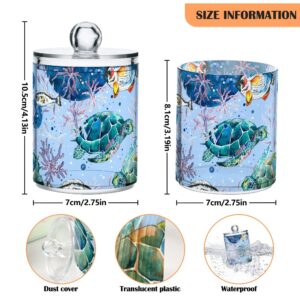 2 PACK Cute Watercolor Pattern Sea Turtles Hawaiian Fish Coastal Qtip Holder Dispenser for Cotton Ball, Cotton Swab, Cotton Round Pads, Floss Picks - Plastic Apothecary Jar Set for Bathroom Canister S