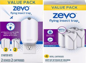 zevo flying insect trap, fly trap captures houseflies, fruit flies, and gnats (2 device & 6 cartridge)