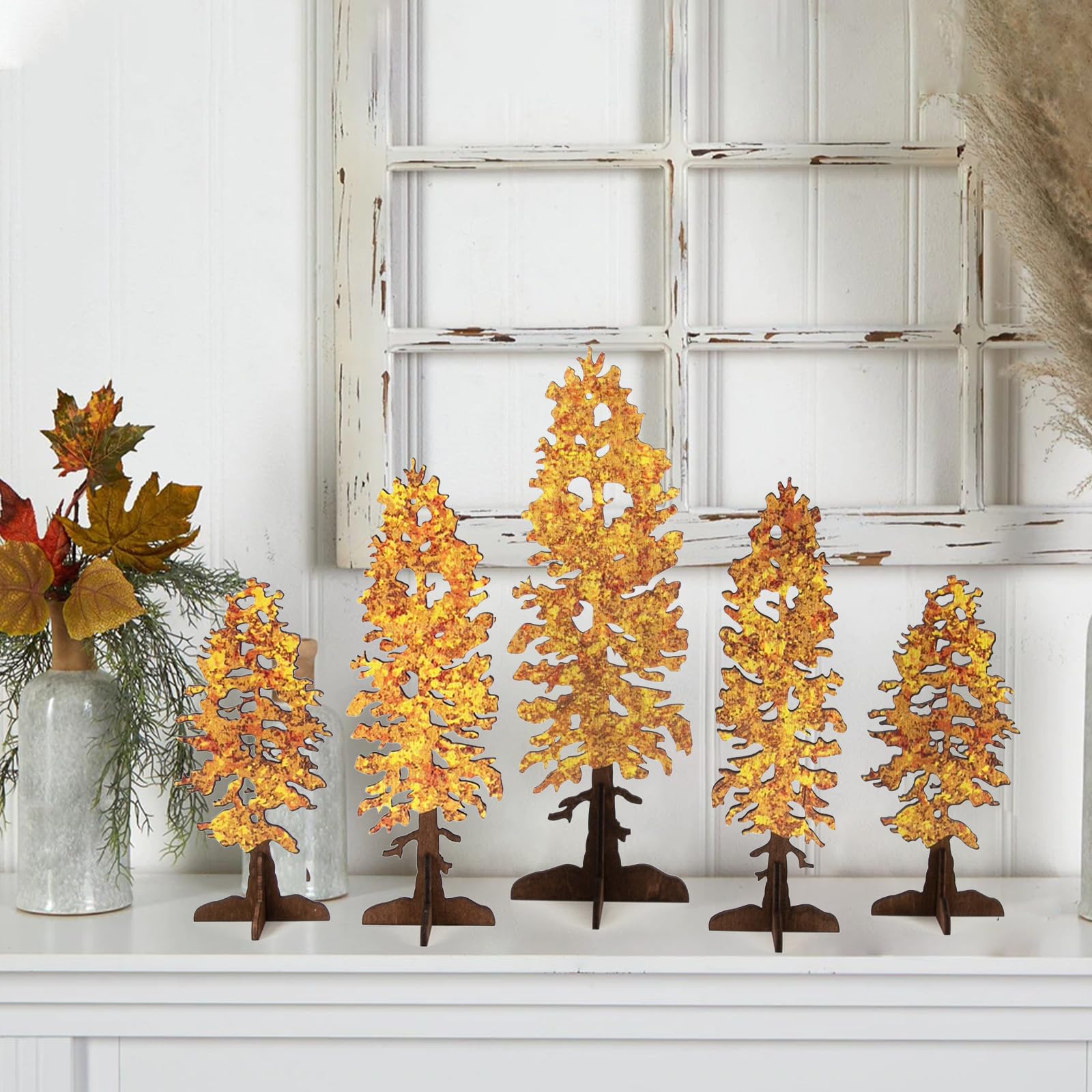 DAZONGE Fall Decor - 5PCS Wooden Free Standing Fall Trees Signs - Fall Decorations for Home - Rustic Decorative Fall Trees Table Centerpiece for Shelf Mantel Decor