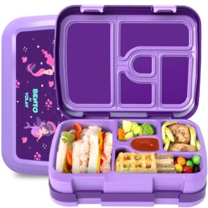 yolay bento box for kids lunch box leak-proof, 5-compartment lunch box kids for ages 3-10, durable with anti-slip base, suitable for schools, outdoor and travel (mermaid)