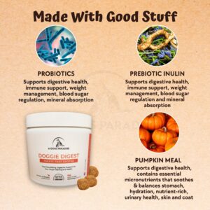 Doggie Digest-Natural Organic Dogs Pre & Probiotics, 10 Active Nutrients, Cold Pressed, Vet Formulated, Upset Stomach/Allergies/Itching, Digestive Enzymes, Gut/Skin/Hip/Joint, Pumpkin, Immune Support.