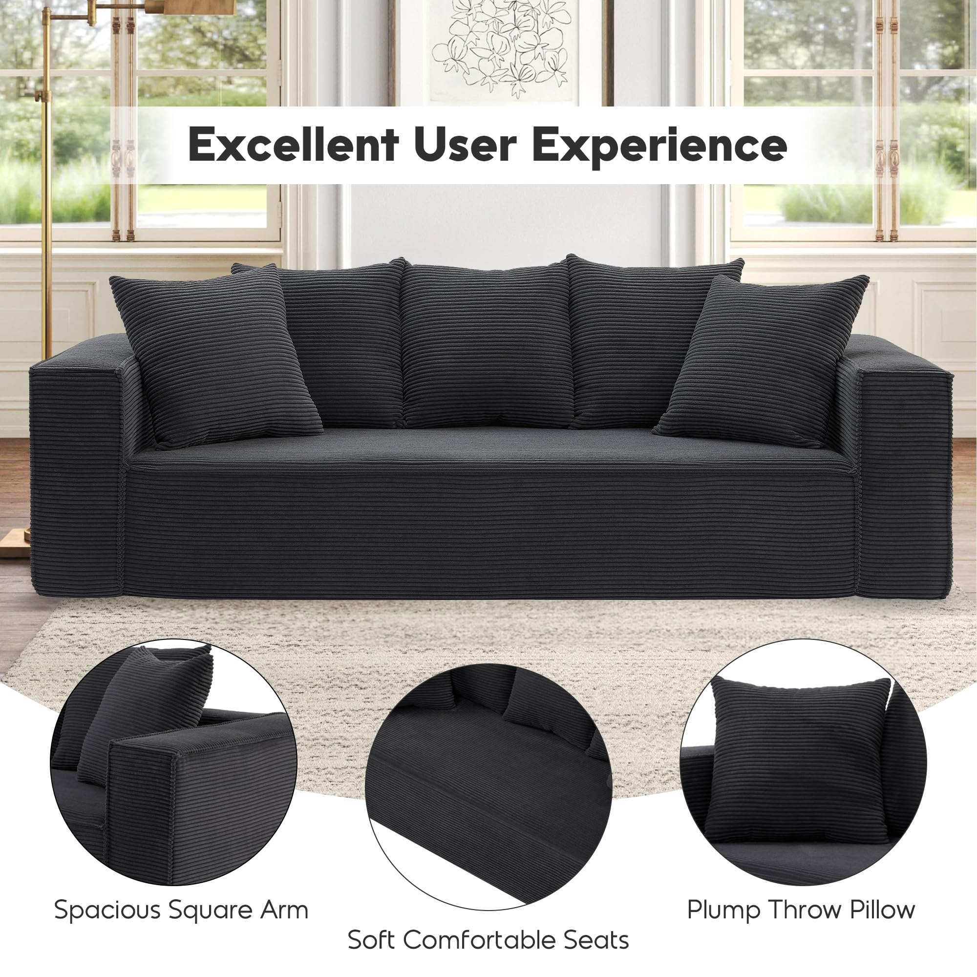 SumKea 3 Seater Sofa with 5 Pillows, Modern Minimalist Couch for Living Room, 89'’ Oversized Sofa with Extra Deep Seats, Vegan Corduroy Couch, Black