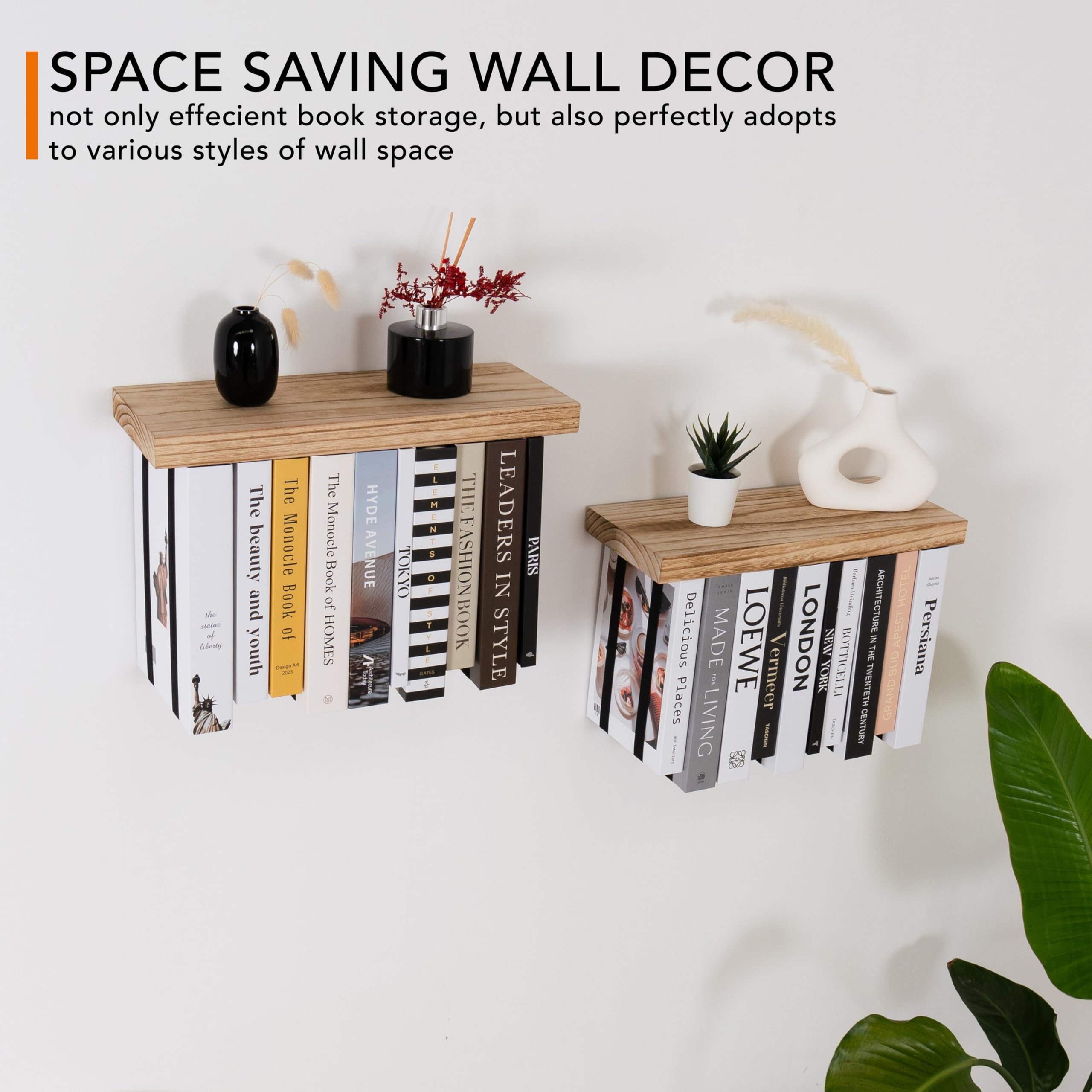 SnugLife Floating Book Shelves for Wall Mounted Set of 2 - Upside Down Space Saving Unique Wall Bookshelf, Rustic Wood Floating Bookshelves, Hanging Bookshelf for Bedroom, Living Room Decor & Storage