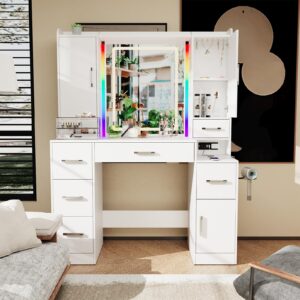 Hiwelldas Vanity Desk with Mirror and Lights, 43.3'' Large Makeup Vanity with RGB Ambient Light & Power Outlet, Dressing Table with 7 Drawers, 3 Cabinets, 6 Hooks,1 Dryer Rack,White