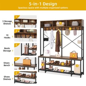 DWVO 5-in-1 Hall Tree with Shoes Storage, Large Coat Rack Shoe Storage Bench, 10 Hooks for Hallway Entryway Bench with Coat Rack, Hall Tree with Bench and Shoe Storage, Rustic Brown