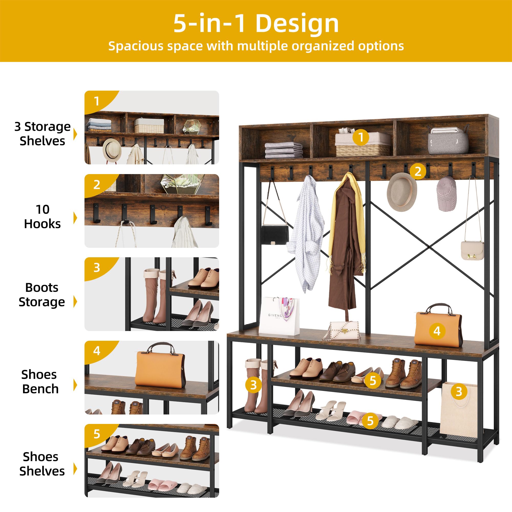 DWVO 5-in-1 Hall Tree with Shoes Storage, Large Coat Rack Shoe Storage Bench, 10 Hooks for Hallway Entryway Bench with Coat Rack, Hall Tree with Bench and Shoe Storage, Rustic Brown