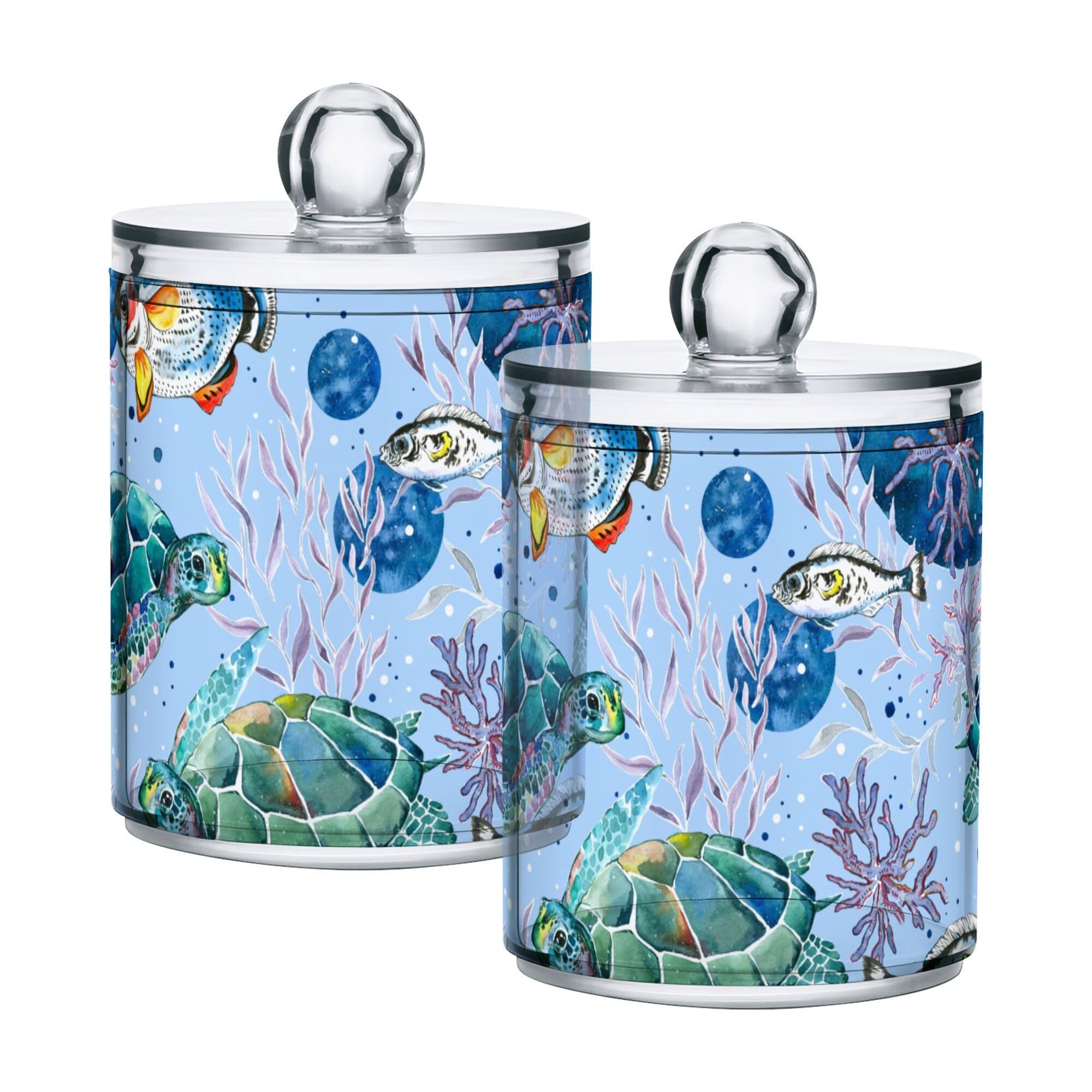 2 PACK Cute Watercolor Pattern Sea Turtles Hawaiian Fish Coastal Qtip Holder Dispenser for Cotton Ball, Cotton Swab, Cotton Round Pads, Floss Picks - Plastic Apothecary Jar Set for Bathroom Canister S