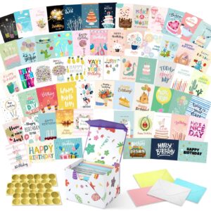 64 unique birthday cards with colorful envelopes and gold stickers - large a7 5x7 assortment bulk birthday cards with greetings inside for businesses personal adults kids - included sturdy storage box