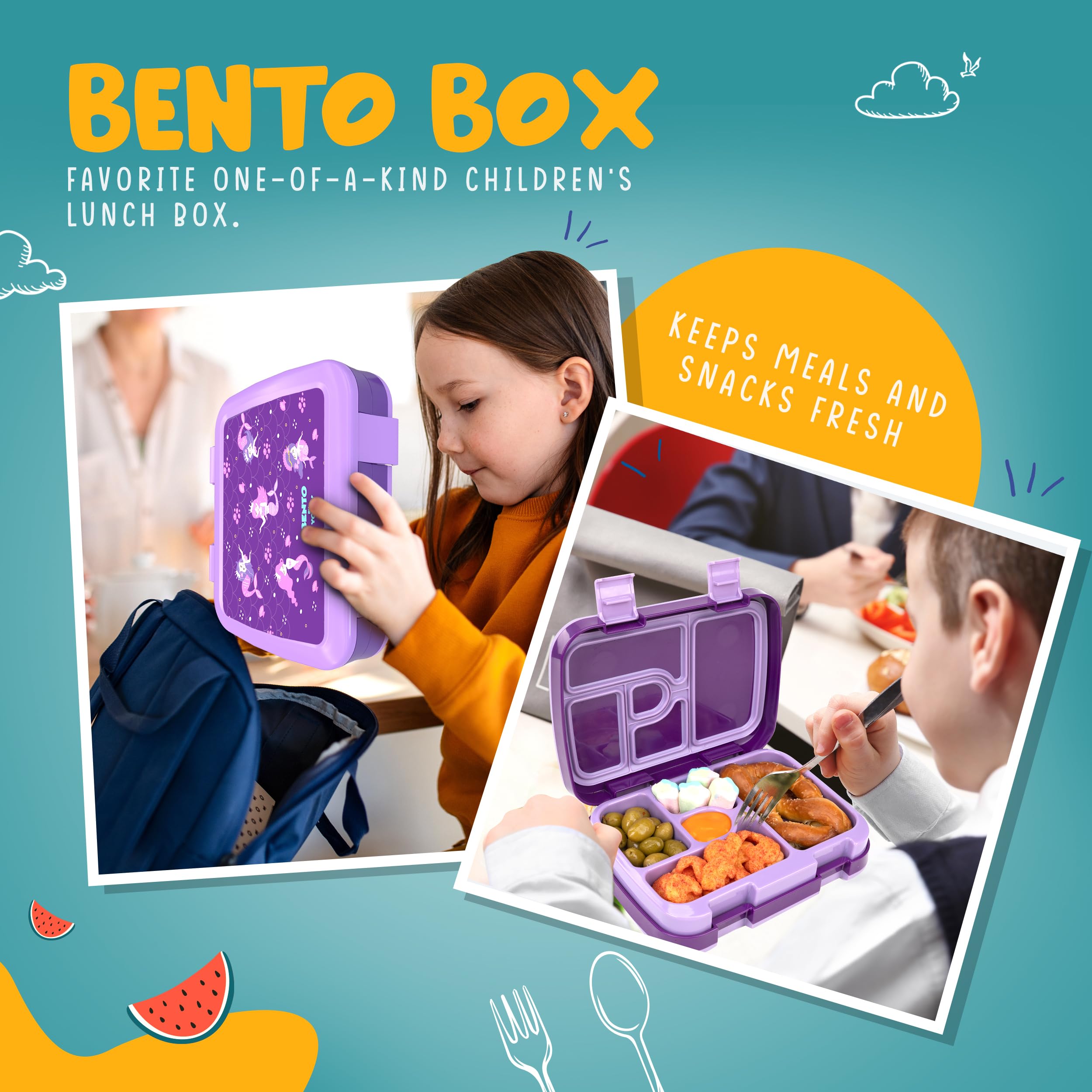 YOLAY Bento Box for Kids Lunch Box Leak-Proof, 5-Compartment Lunch Box Kids for Ages 3-10, Durable with Anti-Slip Base, Suitable for Schools, Outdoor and Travel (Mermaid)