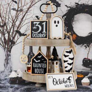 DAZONGE Halloween Decorations | 6PCS Halloween Tiered Tray Decor | Bat Coffin, Haunted House, Ghost, Witches, October 31 Sign, Bead Garland | Halloween Decor | Halloween Centerpiece for Table Shelf