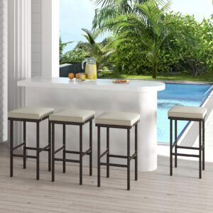 HAPPYGRILL Wicker Bar Stools Set of 2, Bar Height Bistro Stools with Removable Seat Cushions, Backless Patio Pub Stools with Footrest Support 400 LBS, for Balcony, Poolside