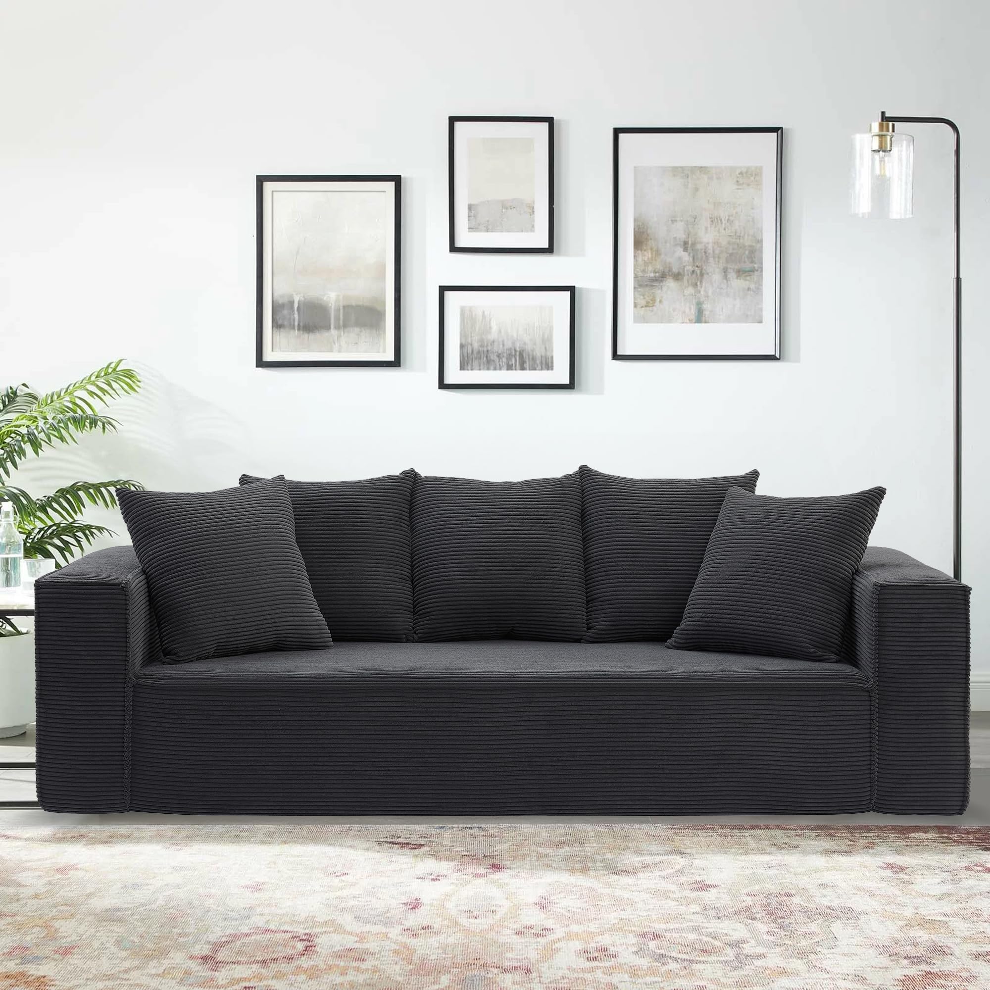 SumKea 3 Seater Sofa with 5 Pillows, Modern Minimalist Couch for Living Room, 89'’ Oversized Sofa with Extra Deep Seats, Vegan Corduroy Couch, Black