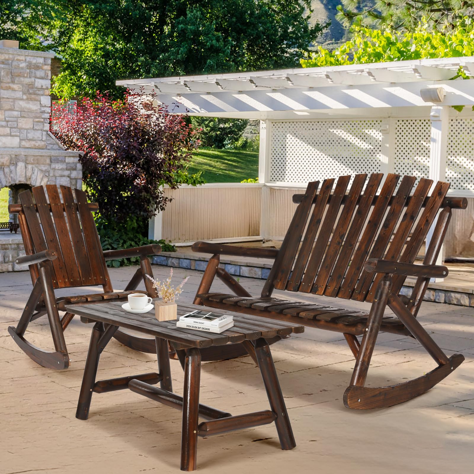 HOMEDIARY 3-Piece Outdoor Wood Rocking Bistro Set, Adirondack Rocker Chair Set with Rocking Bench, Log Rocker and Coffee Table, Patio Wooden Furniture Set, High Fanned Back & Slatted Seat, Carbonized