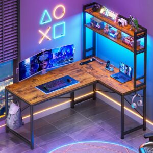 SEDETA L Shaped Desk with Hutch, 45.3” Reversible Home Office Desk, L Shaped Gaming Desk with LED Lights, Power Outlet, Storage Shelves and Hooks for Small Space, Rustic Brown