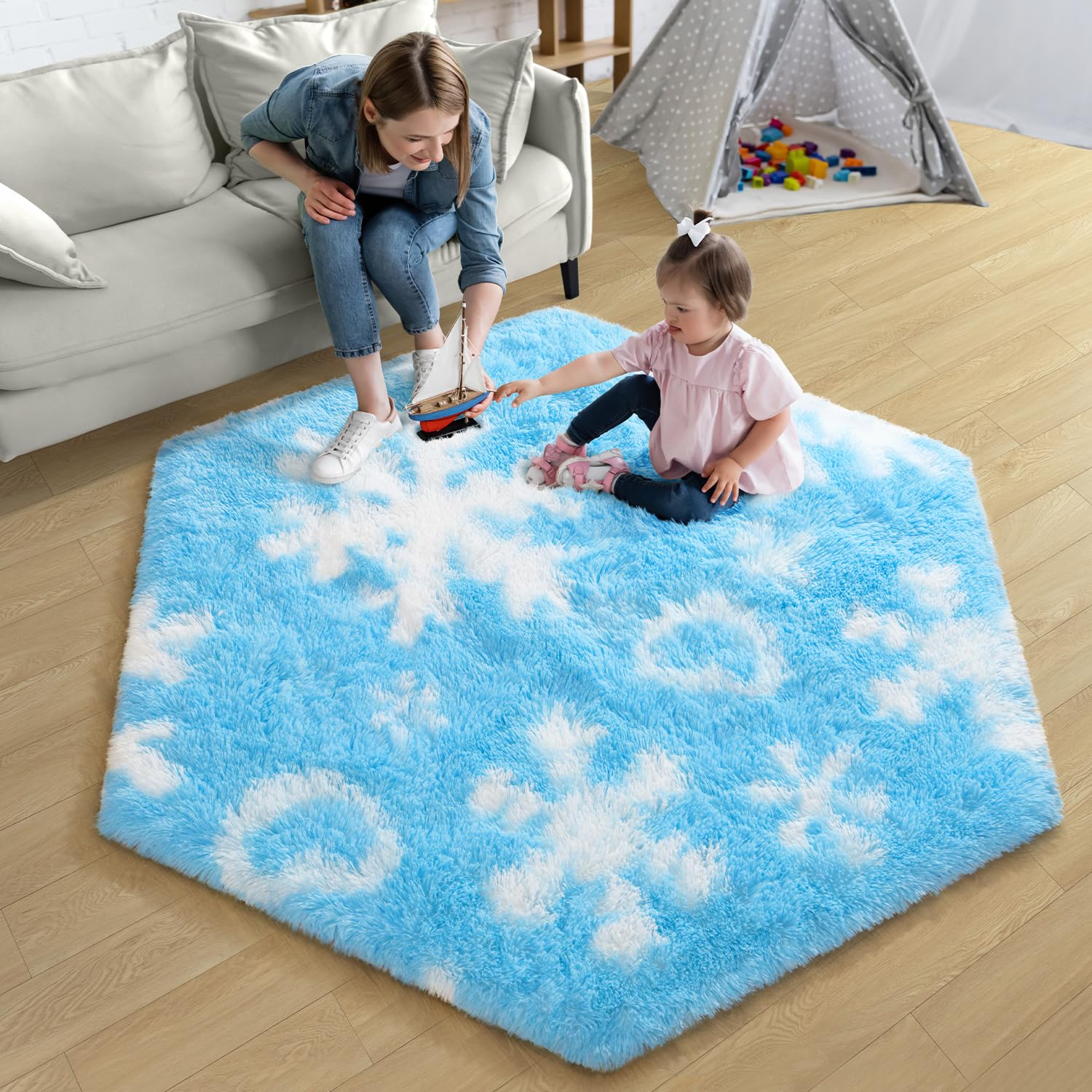 EVOIONOS Forzen Princess Tent Rug, 4x4.6 Feet Frozen Rugs for Girls Bedroom, Fluffy Snowflake Rug for Frozen Room Decor, Plush Carpet for Kids Room Playroom Nursery Decor, Cute Hexagon Blue Rugs