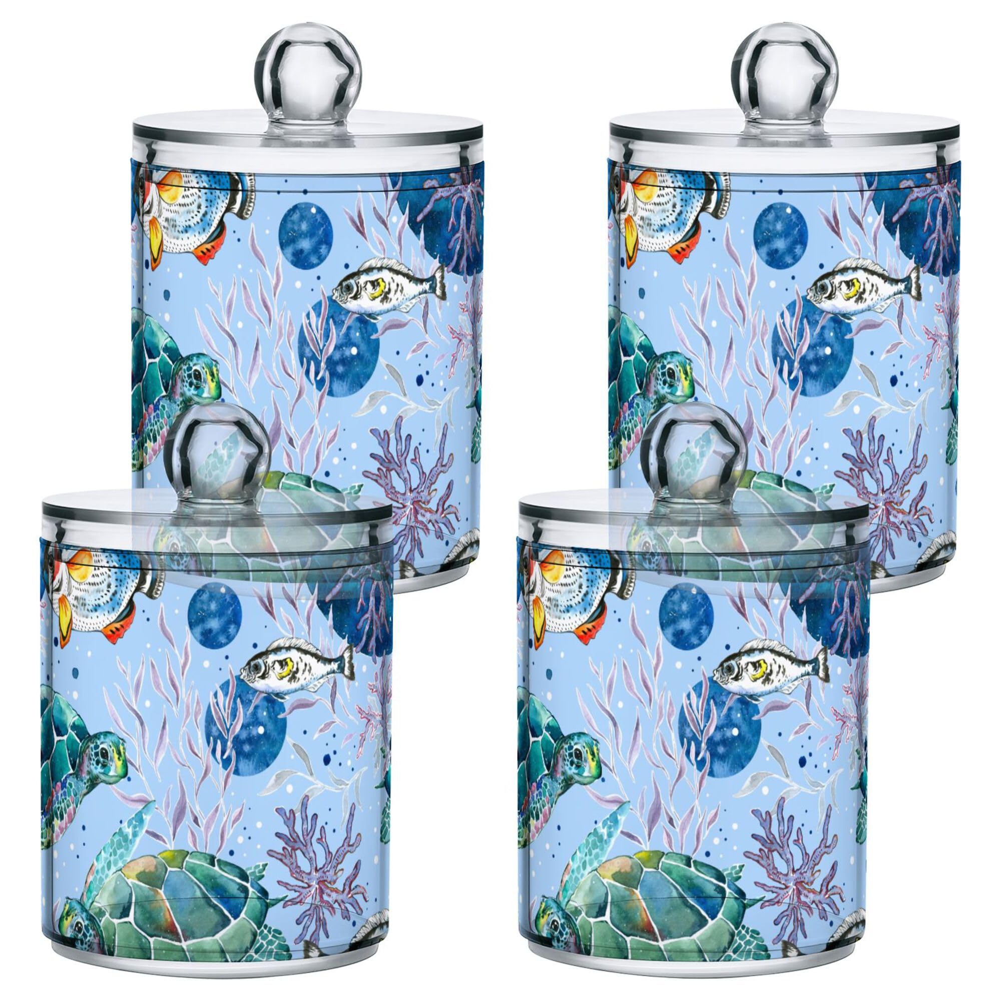 2 PACK Cute Watercolor Pattern Sea Turtles Hawaiian Fish Coastal Qtip Holder Dispenser for Cotton Ball, Cotton Swab, Cotton Round Pads, Floss Picks - Plastic Apothecary Jar Set for Bathroom Canister S