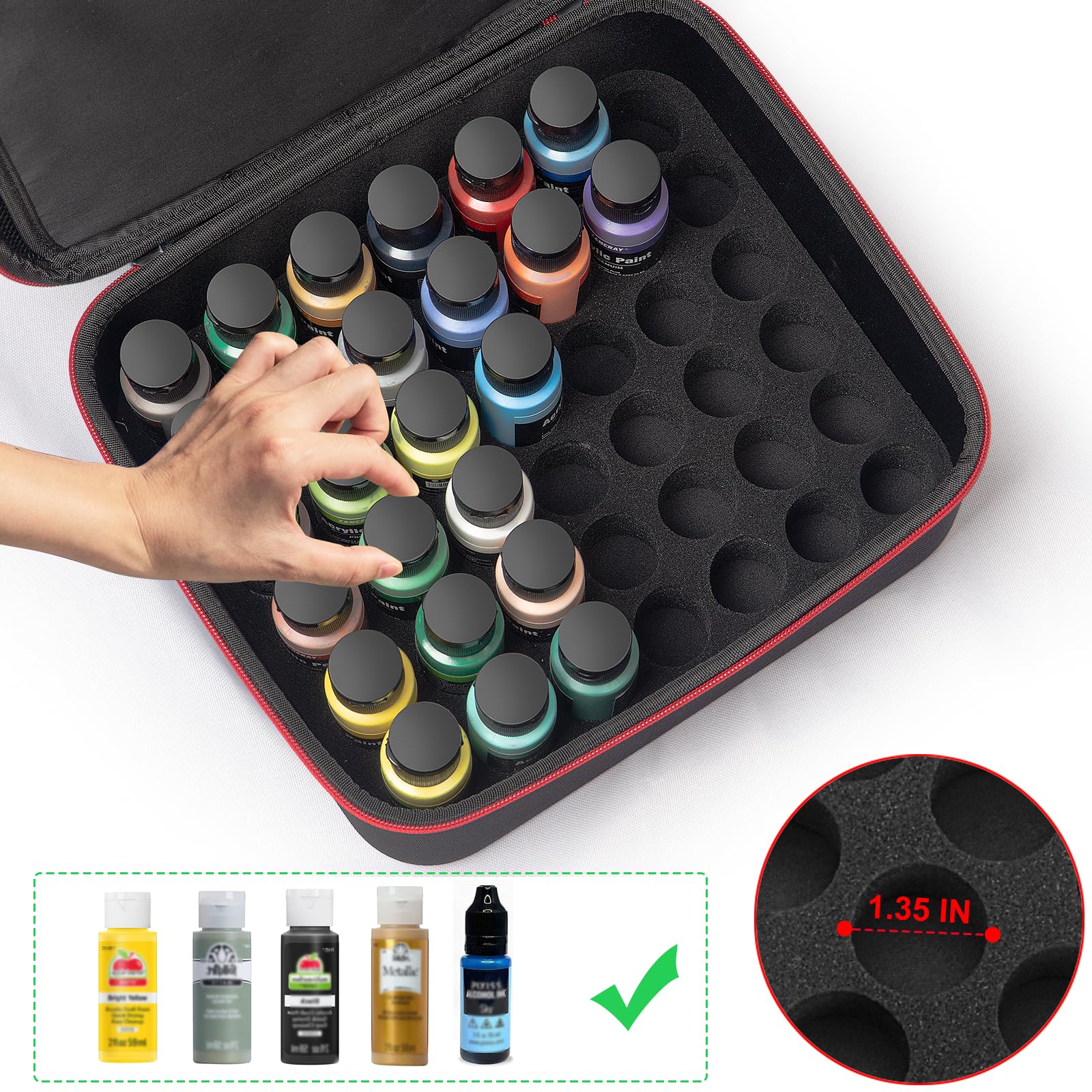 Acrylic Paint Organizer Case for 42 Bottles (2 fl oz), Craft Paint Organizer, Art Supply Storage with Extra Pocket for Paint Brushes, Palette Board and Painting Knives (Case Only)