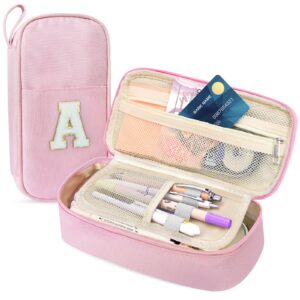 idefair cute pencil case, preppy pencil pouch aesthetic pen case with finger loop, large capacity pencil bag with double zipper school supplies for girls (pink, letter a)