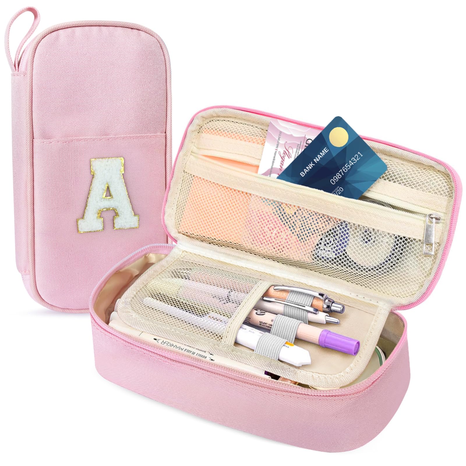 Idefair Cute Pencil Case, Preppy Pencil Pouch Aesthetic Pen Case with Finger Loop, Large Capacity Pencil Bag with Double Zipper School Supplies for Girls (Pink, Letter A)