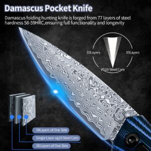 bunnyedge Pocket Knife for EDC, Folding Knife with 3.95” Reverse Damascus Blade, G10 Handle, Ideal Gift for Men Women, for Camping, Fishing, Hiking & EDC ON THE GO - YFA047 - BLUE TREE