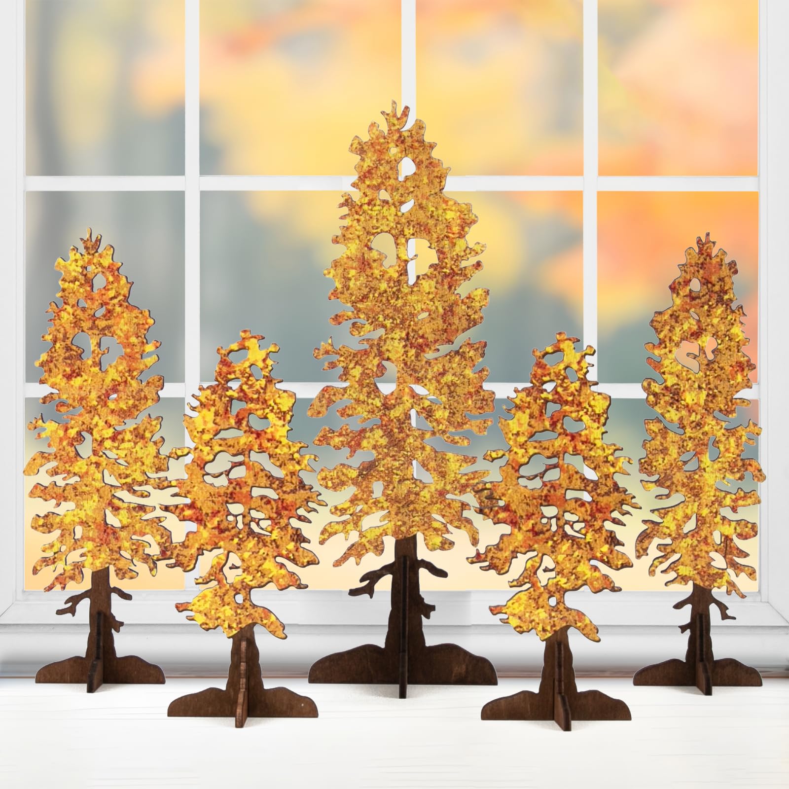 DAZONGE Fall Decor - 5PCS Wooden Free Standing Fall Trees Signs - Fall Decorations for Home - Rustic Decorative Fall Trees Table Centerpiece for Shelf Mantel Decor