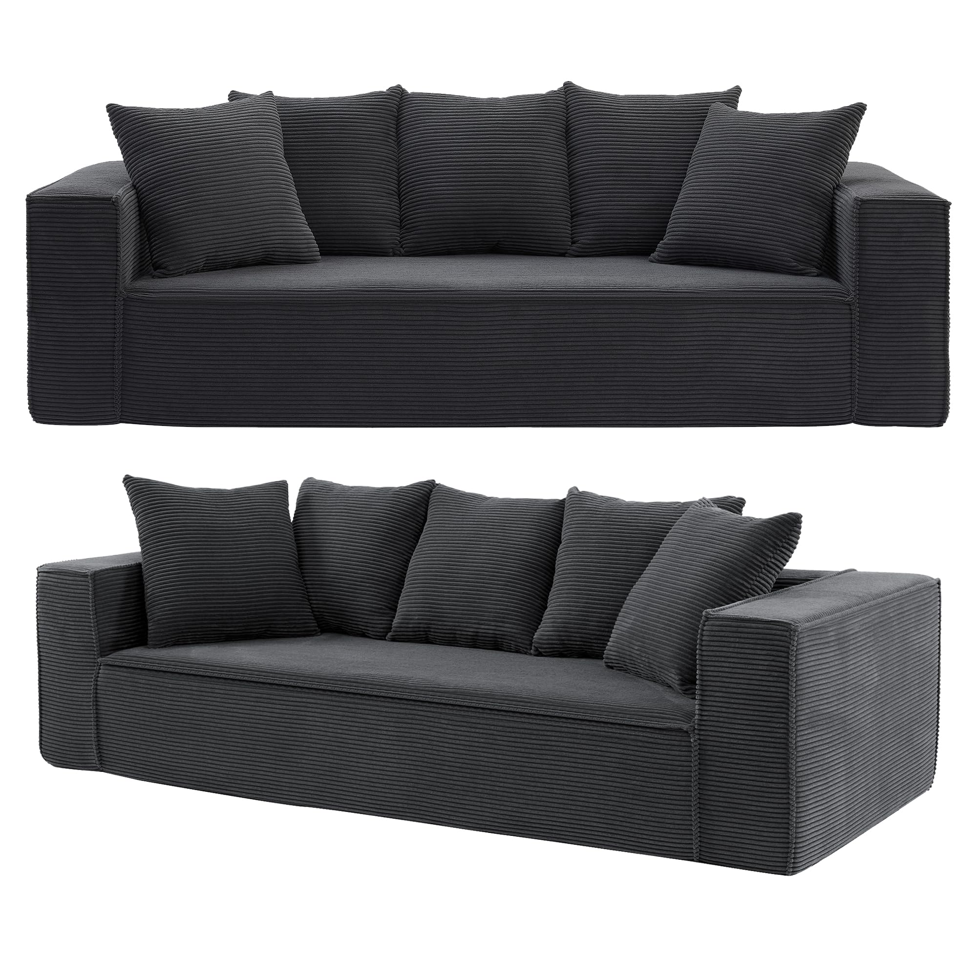 SumKea 3 Seater Sofa with 5 Pillows, Modern Minimalist Couch for Living Room, 89'’ Oversized Sofa with Extra Deep Seats, Vegan Corduroy Couch, Black