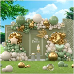 300pcs sage green white sand gold balloons garland arch kit, different sizes 5/10/12/18in gold confetti balloon for wedding birthday bridal graduation baptism shower party decorations supplies