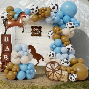 146pcs cowboy balloon arch brown, blue, cow print balloons giant horse balloon farm highland cow vaquero party decorations western & rodeo birthday holy cow baby shower themed party supplies for boy