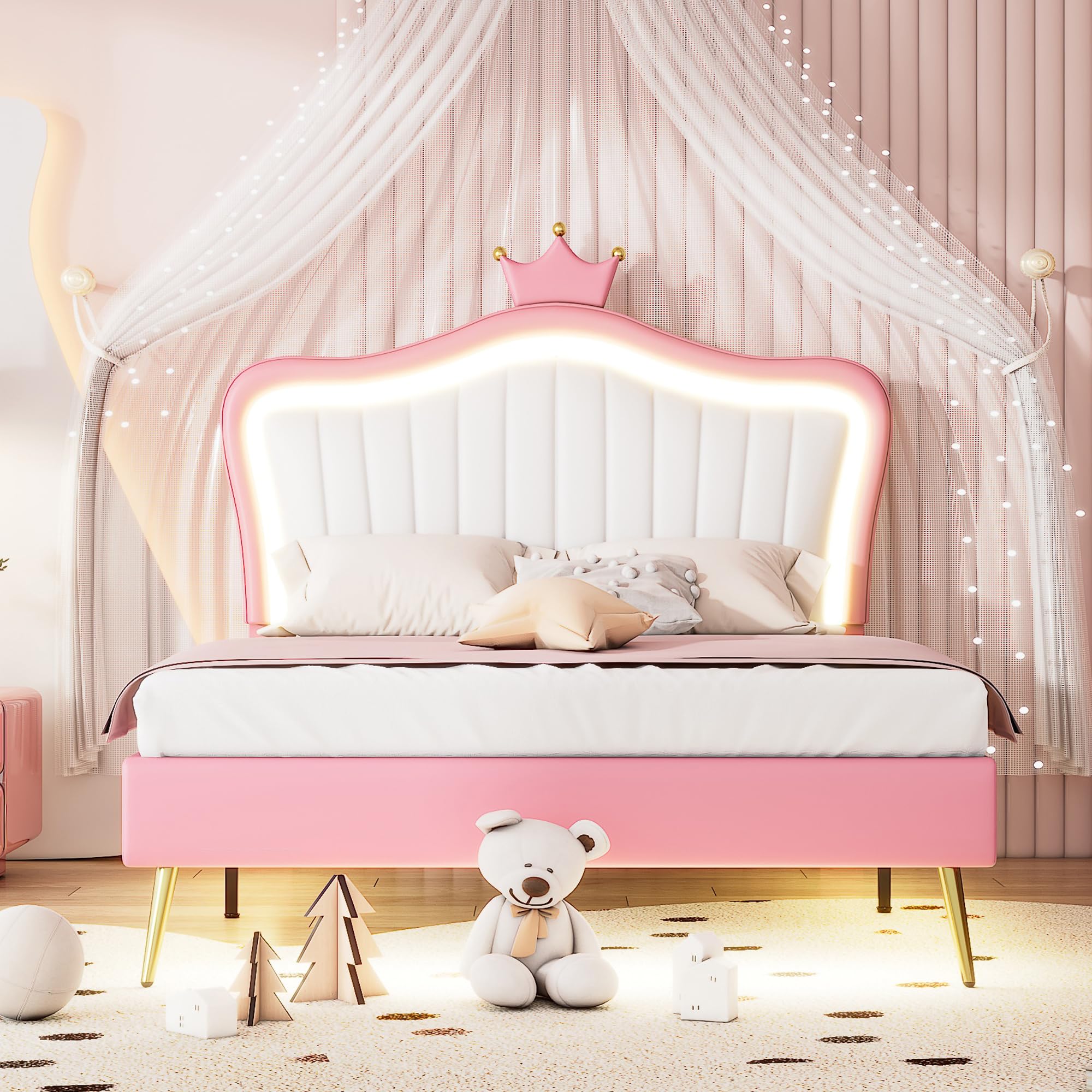 HZSMHDZKJ Full Size Upholstered Platform Bed with LED Lights and Crown Headboard,Modern Princess Bed Frame with Wood Slats Support and Metal Feets for Kids Teens Boys Girls (White+Pink-01)