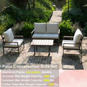 KMX Aluminum Patio Furniture Set, 4-Piece Conversation Sofa Set with High Backrests, Off-White Cushions and a Chic Table - Outdoor Conversation Sofa Set for All-Weather. Easy Install, Rust-Proof