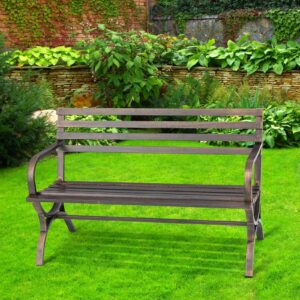 MoNiBloom 50" Patio Bench for 2 Person, Metal Frame Patio Park Bench with Slatted Seat and Backrest, Arch Legs Outside Bench for Porch, Lawn and Garden, Bronze