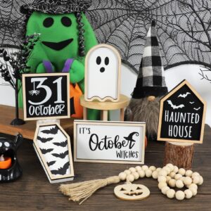 DAZONGE Halloween Decorations | 6PCS Halloween Tiered Tray Decor | Bat Coffin, Haunted House, Ghost, Witches, October 31 Sign, Bead Garland | Halloween Decor | Halloween Centerpiece for Table Shelf