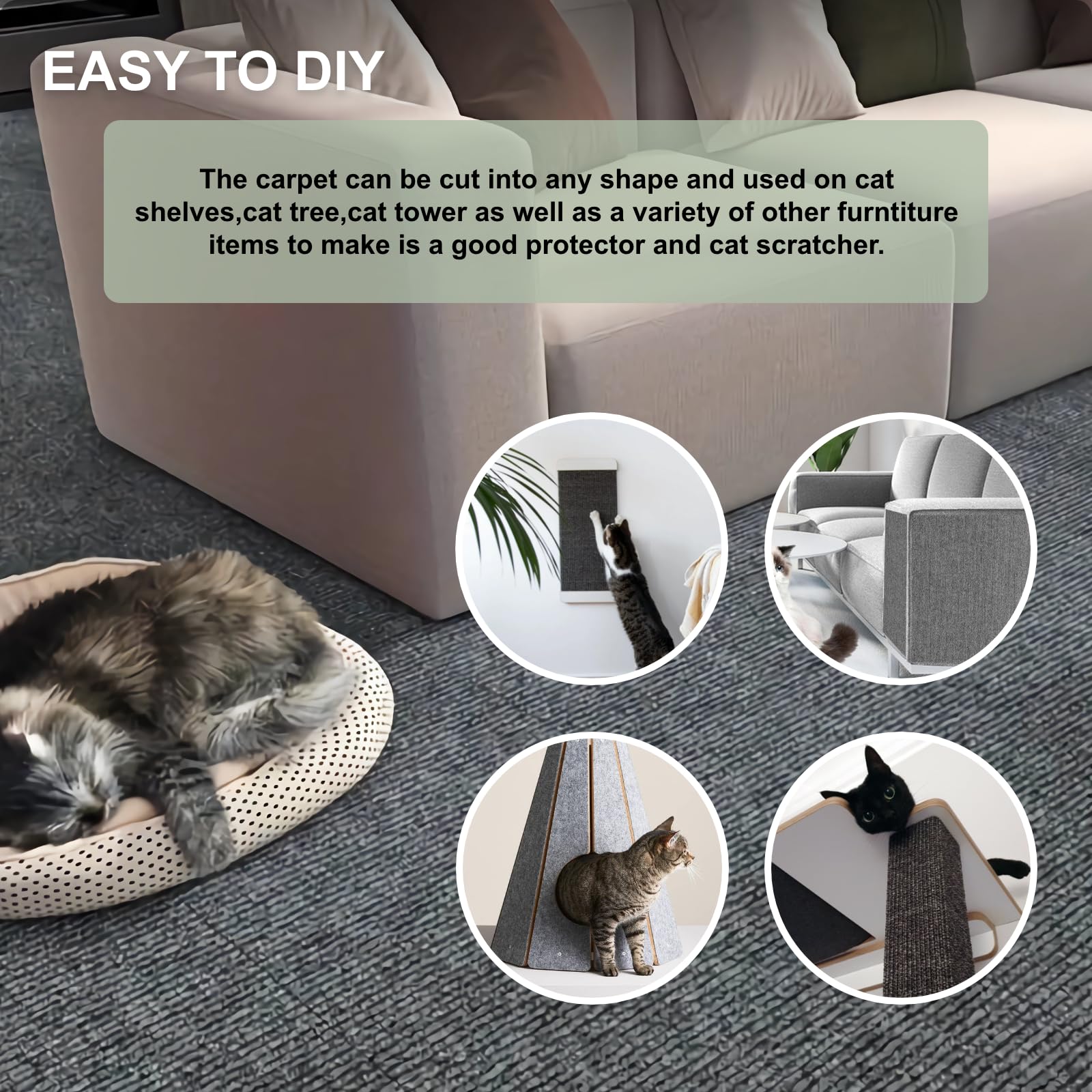 Cat Scratching Carpet Mat, Self-Adhesive Trimmable Cat Climbing Post Covered Pad Replacement for DIY Cat Tree Shelf Steps Couch Corner Wall Cat Scratcher Furniture Protector (Beige, 78.7x15.8Inch)