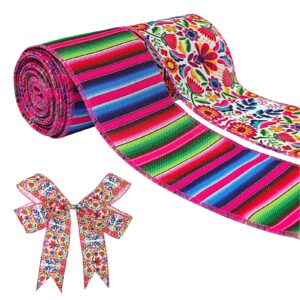 2 rolls mexican fiesta ribbons wired for wreath bow wrapping gifts,2.5"×10 yards wired edge mixed color stripes and flowers wired ribbons for gift wrapping party decoration