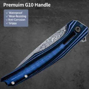 bunnyedge Pocket Knife for EDC, Folding Knife with 3.95” Reverse Damascus Blade, G10 Handle, Ideal Gift for Men Women, for Camping, Fishing, Hiking & EDC ON THE GO - YFA047 - BLUE TREE