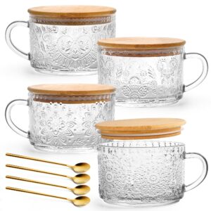 yory 4-pack vintage glass mugs with bamboo lids and spoons coffee tea cups gifts for women overnight oats containers 14oz,