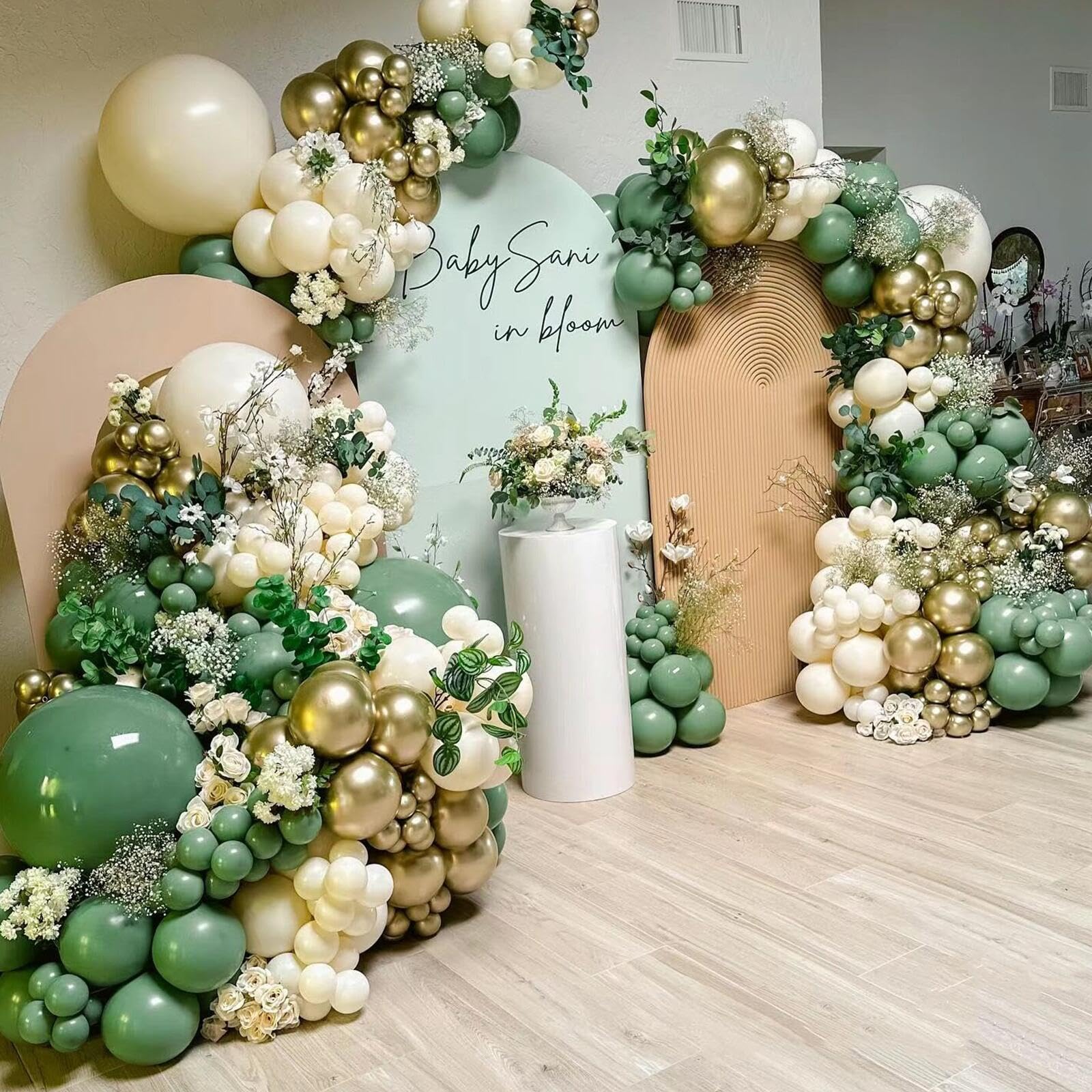 300pcs Sage Green White Sand Gold Balloons Garland Arch Kit, Different Sizes 5/10/12/18in Gold Confetti Balloon for Wedding Birthday Bridal Graduation Baptism Shower Party Decorations Supplies