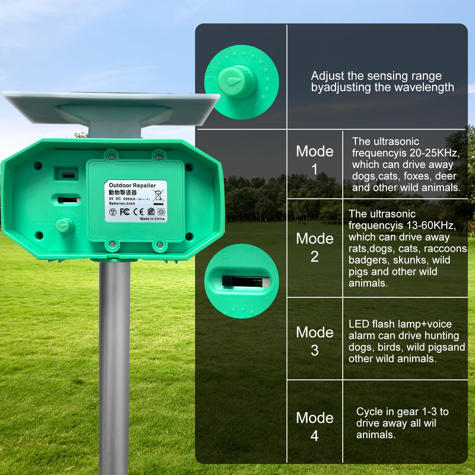 2024 Solar Ultrasonic Animal Repeller, Cat Repellent Outdoor, Dog, Squirrel, Raccoon, Skunk, Rabbit, Fox, Deer, Bird etc.Motion Detection, LED Flashing Light 027