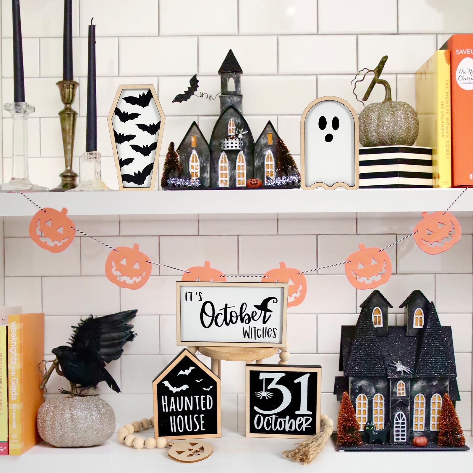 DAZONGE Halloween Decorations | 6PCS Halloween Tiered Tray Decor | Bat Coffin, Haunted House, Ghost, Witches, October 31 Sign, Bead Garland | Halloween Decor | Halloween Centerpiece for Table Shelf