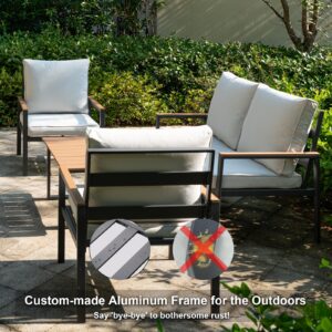 KMX Aluminum Patio Furniture Set, 4-Piece Conversation Sofa Set with High Backrests, Off-White Cushions and a Chic Table - Outdoor Conversation Sofa Set for All-Weather. Easy Install, Rust-Proof