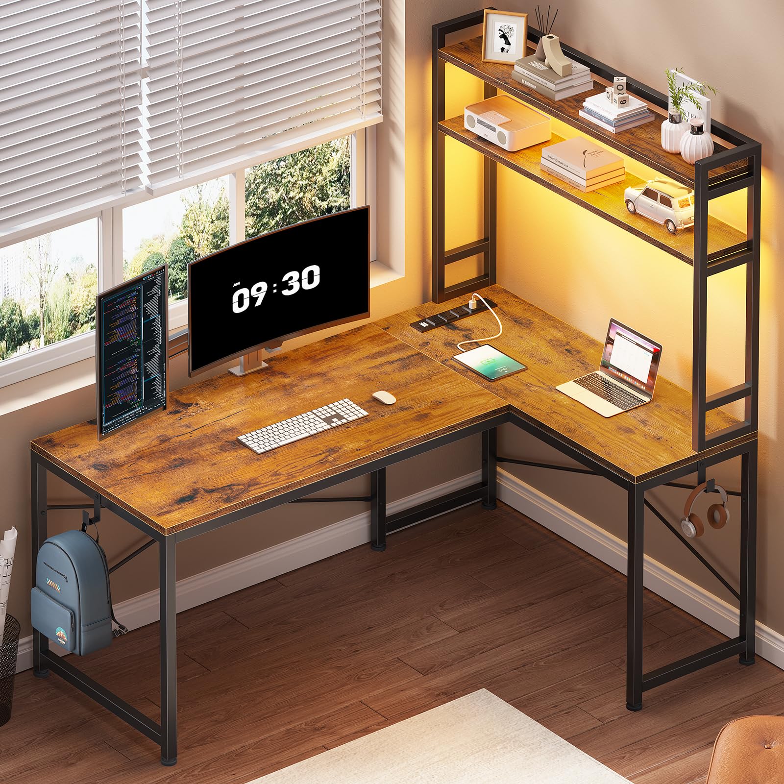 SEDETA L Shaped Desk with Hutch, 45.3” Reversible Home Office Desk, L Shaped Gaming Desk with LED Lights, Power Outlet, Storage Shelves and Hooks for Small Space, Rustic Brown