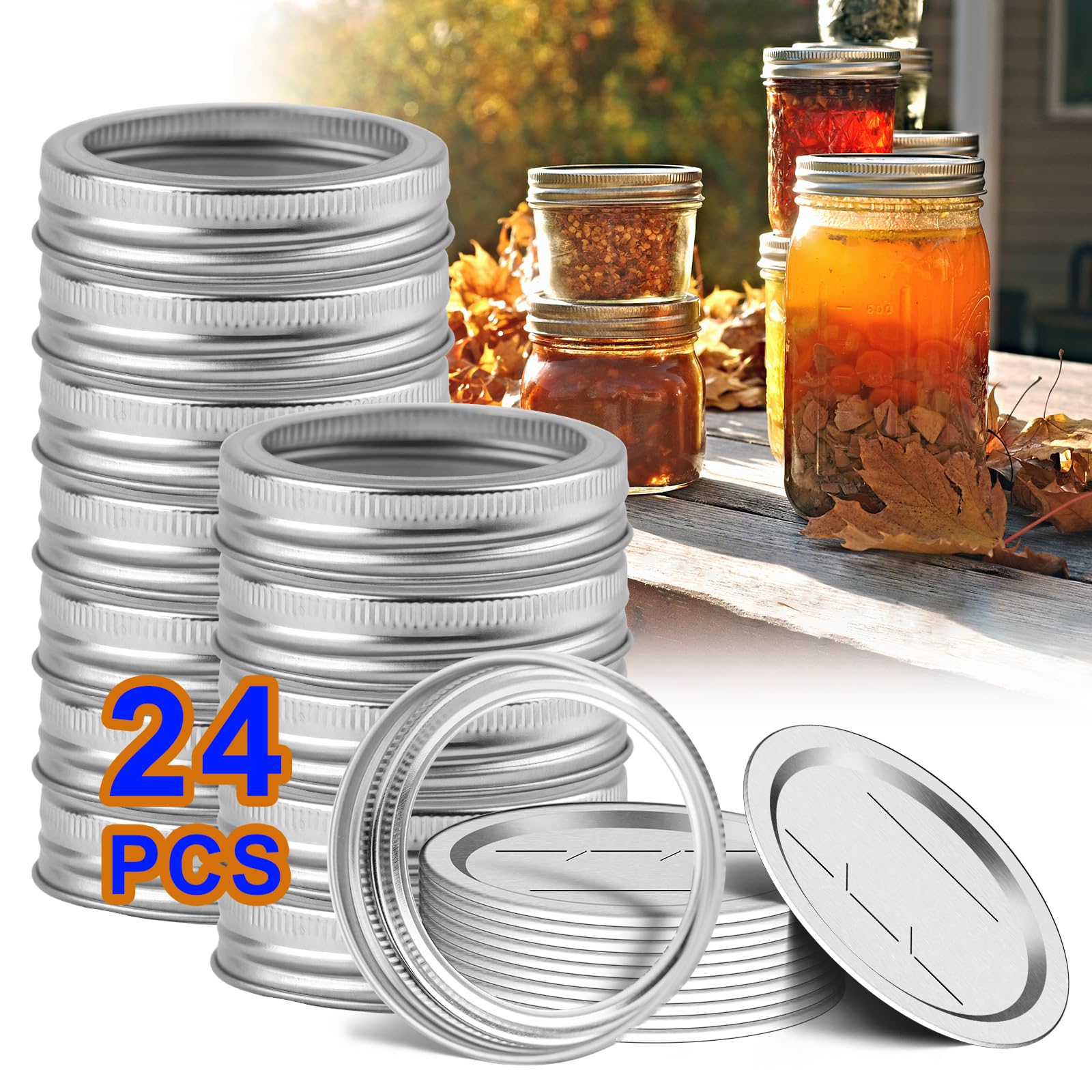 Canning Jar Lids With Rings For Mason Regular Mouth 24Pcs Regular Mouth Kerr Ball Jars Lids With Rings Good Sealing Performance Food Grade Material Kerr Mason Jars For Canning Food Fruits DIY Jam