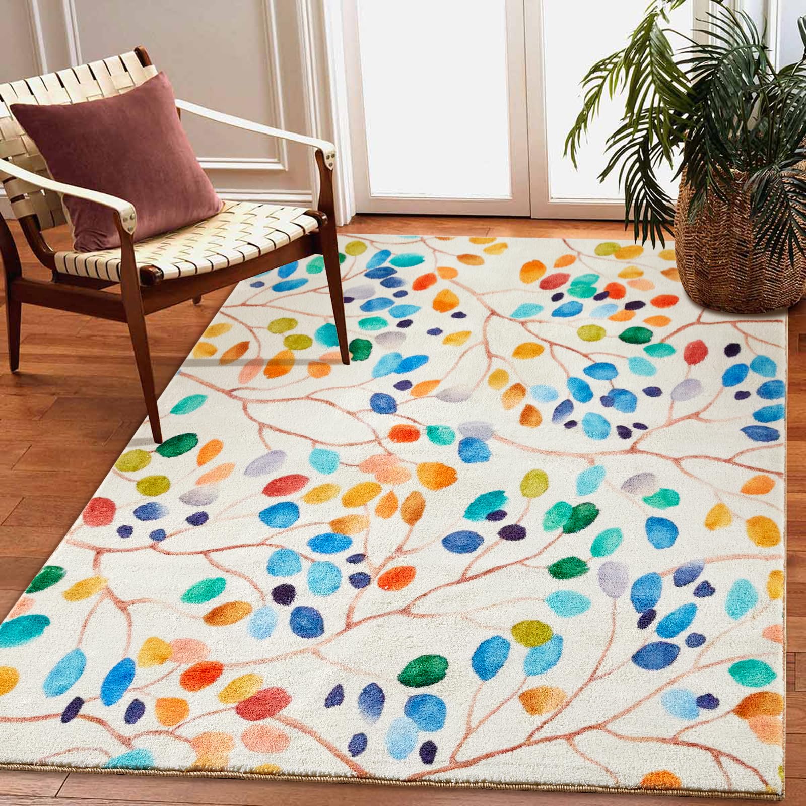 Washable Colorful 4x6 Area Rugs Carpet in Blue and Yellow - Boho Modern Indoor Entryway Rugs Non-Slip, Thin Soft Cute Botanical Plants Leaves Throw Rugs for Kitchen Bedroom Dining Living Room Dorm