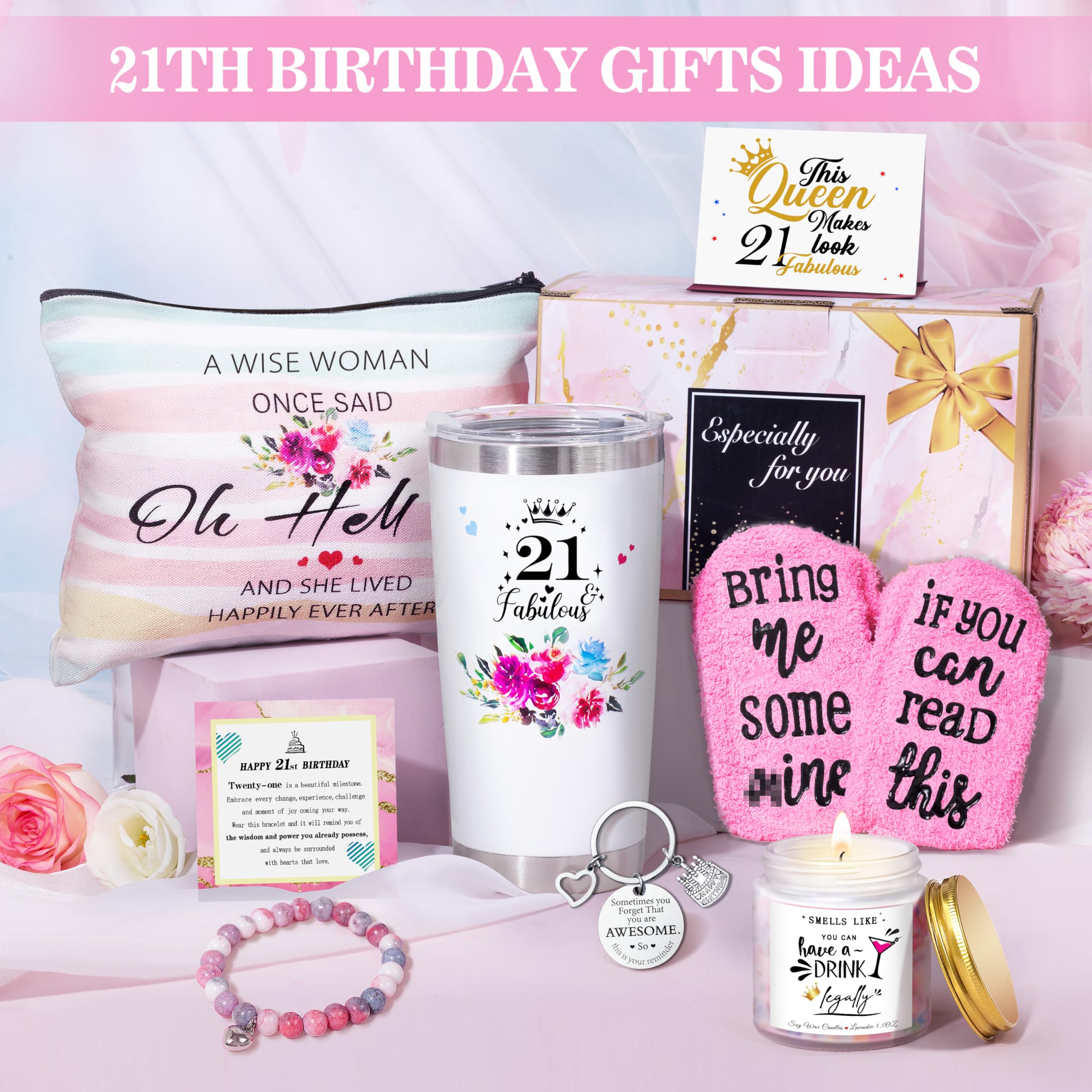 21st Birthday Gifts for Her Women,Happy 21st Birthday Basket Gifts Box for Her Daughter Sister Girlfriend,Tumblers Gifts Set for 21 Year Old Women,Funny 21 Birthday Gifts Ideas