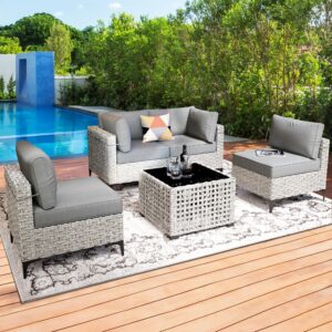 xizzi wicker patio furniture set,outdoor rattan modular sectional sofa,outside coversation set with solar coffee table for porch balcony backyard deck poolside (grey, 5pcs set)