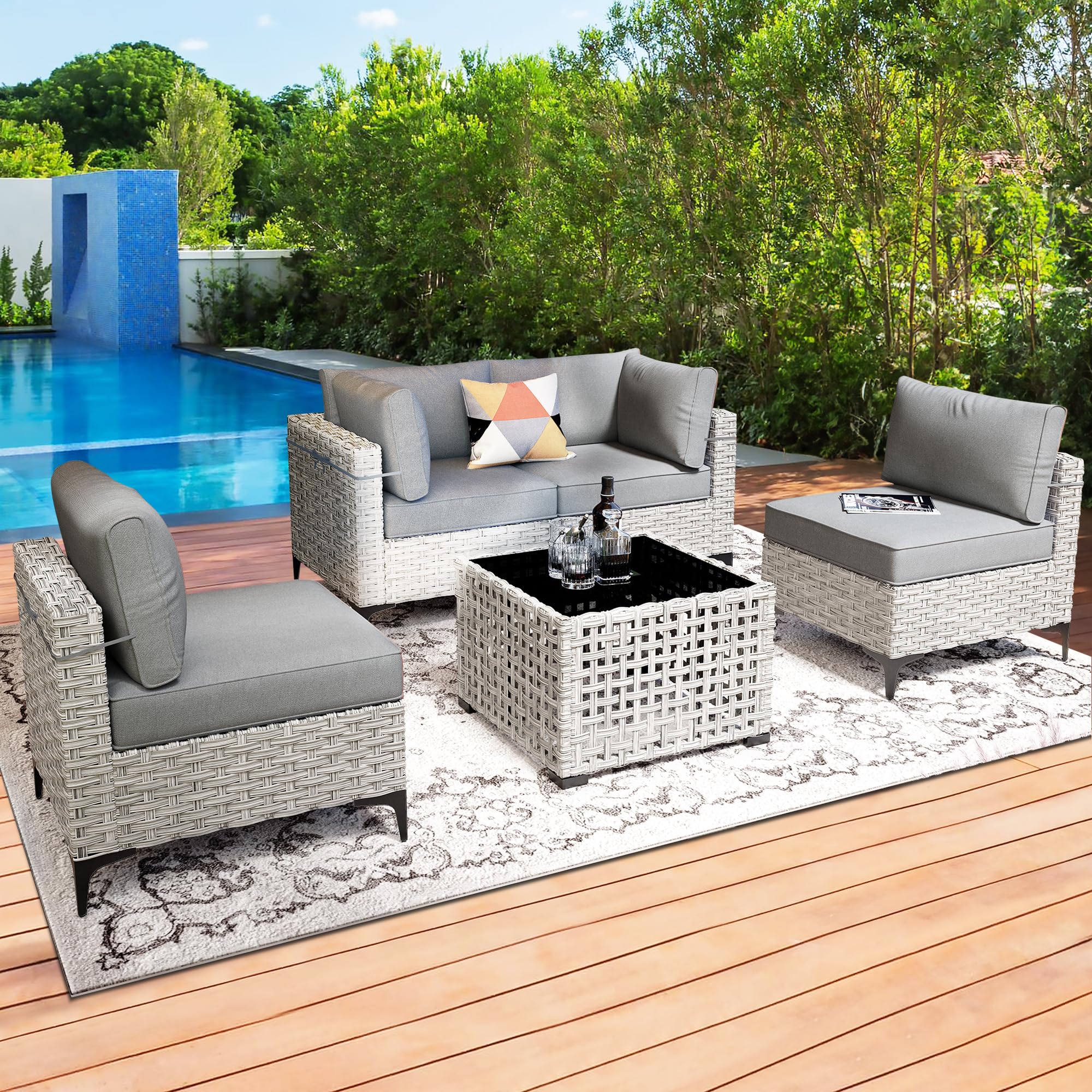 XIZZI Wicker Patio Furniture Set,Outdoor Rattan Modular Sectional Sofa,Outside Coversation Set with Solar Coffee Table for Porch Balcony Backyard Deck Poolside (Grey, 5Pcs Set)