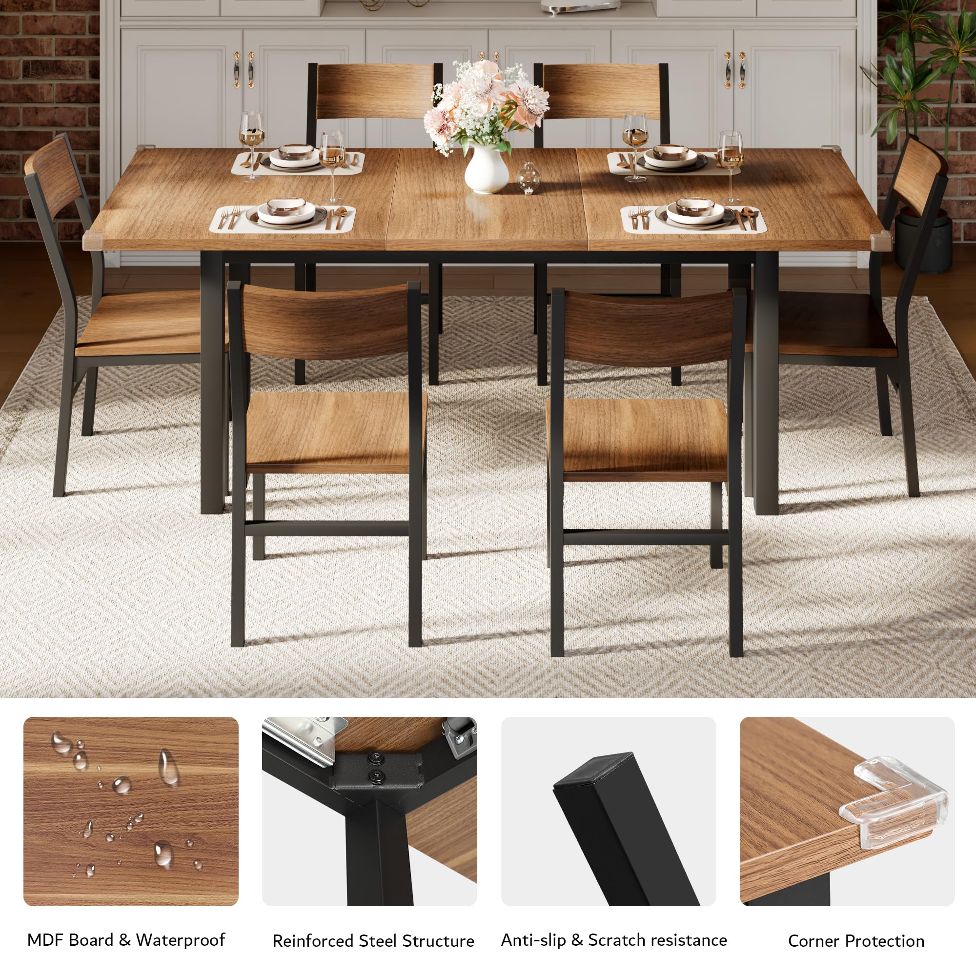 iPormis 7-Piece Dining Table Set with 6 Chairs, 63" Extendable Kitchen Table & Chairs Set for 4-6, Dining Room Table with Metal Frame & MDF Board, Perfect for Small Space, Easy Clean, Walnut