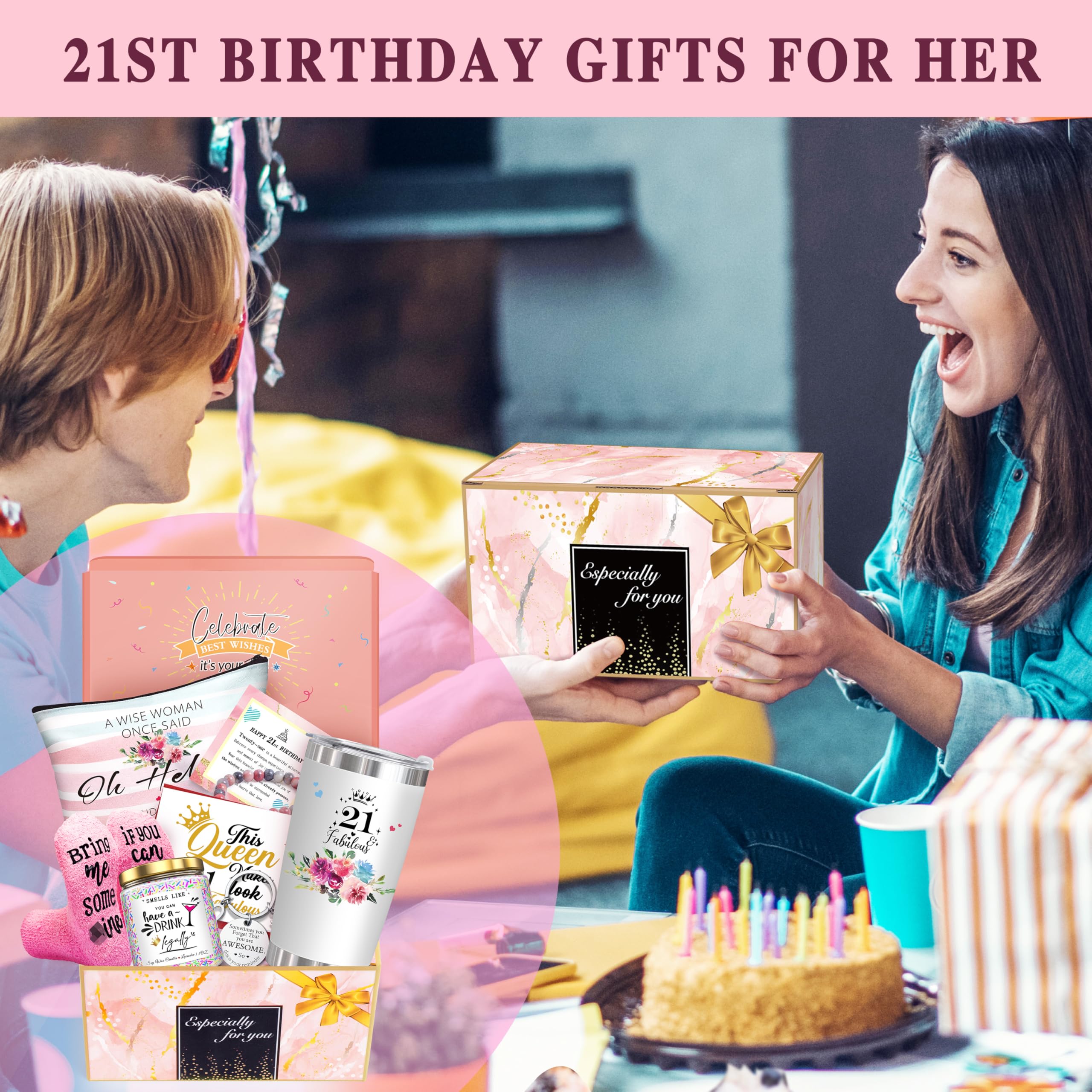 21st Birthday Gifts for Her Women,Happy 21st Birthday Basket Gifts Box for Her Daughter Sister Girlfriend,Tumblers Gifts Set for 21 Year Old Women,Funny 21 Birthday Gifts Ideas